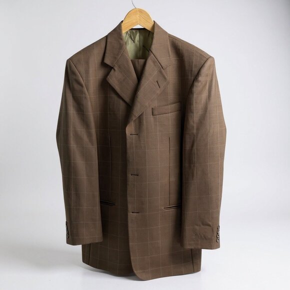 38L/31 Brown Windowpane Pattern Wool Suit Jacket By Stacy Adams - Picture 1 of 5